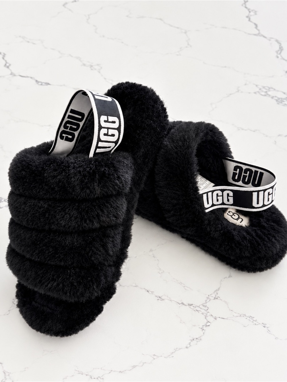 UGG Black Fluff Yeah Shearling Slingback Platform Slippers Size 8